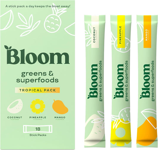 Bloom Nutrition Superfood Greens Powder Stick Packs, Digestive Enzymes with Probiotics and Prebiotics, Gut Health, Bloating Relief for Women, Chlorella, Green Juice Mix, 18 SVG, Tropical Variety