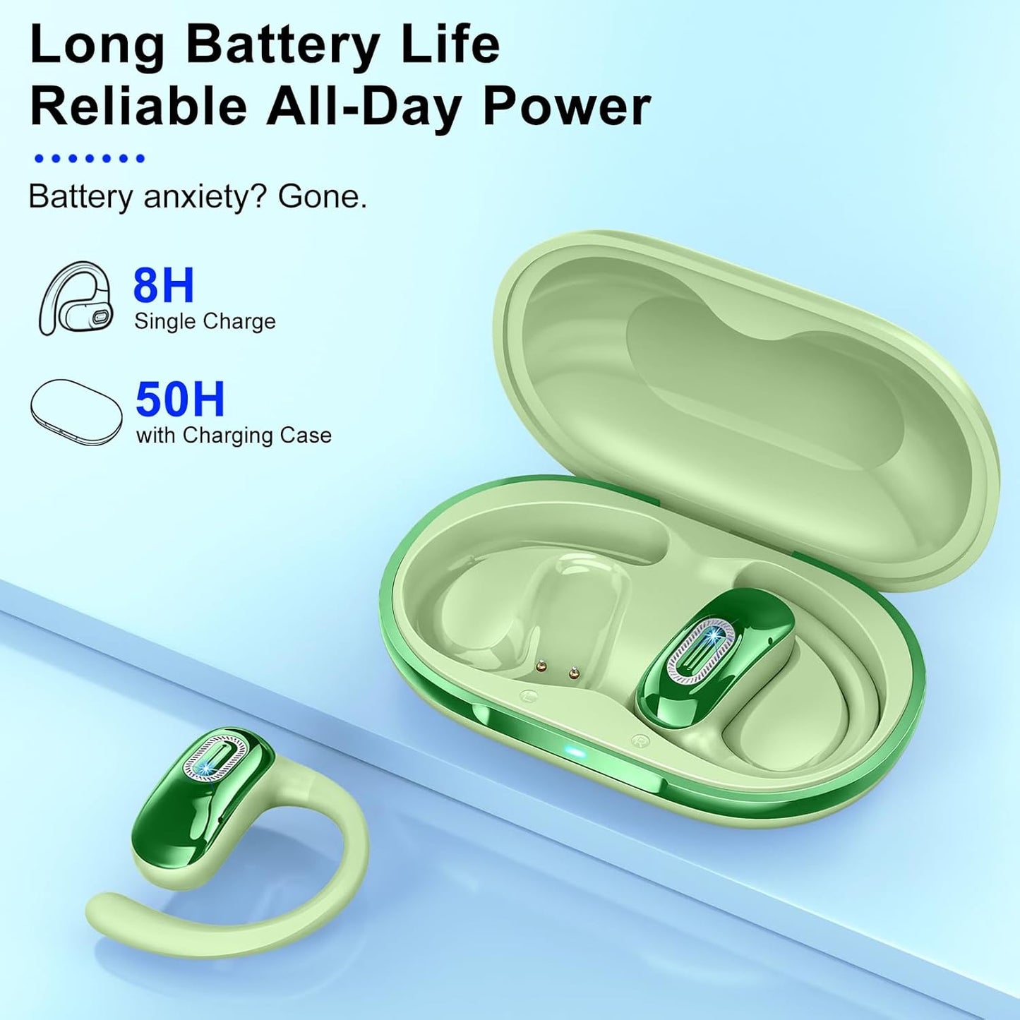 Open Ear Headphones, Bluetooth 5.4 Earbuds, 50H, Air Conduction Ear Buds, HD Stereo Bass Over Ear Earphones with Earhooks, Ultra-Comfort Secure Fit, IPX7 Waterproof Headset for Working Sports, Green