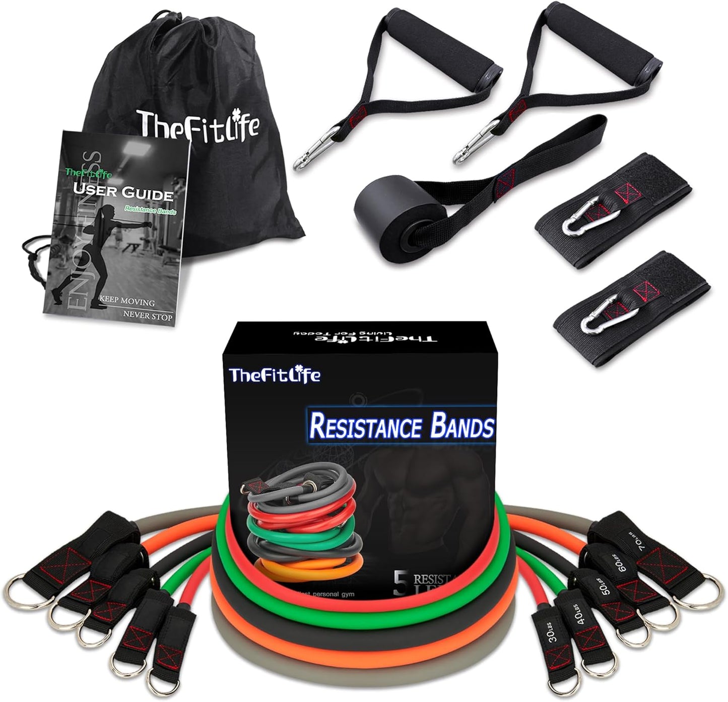 TheFitLife Resistance Bands with Handles - Designed for American Body Types, Exercise Workout Tubes for Men, Women, Includes Large Handles, Ankle Straps, Door Anchor, Fitness Levels