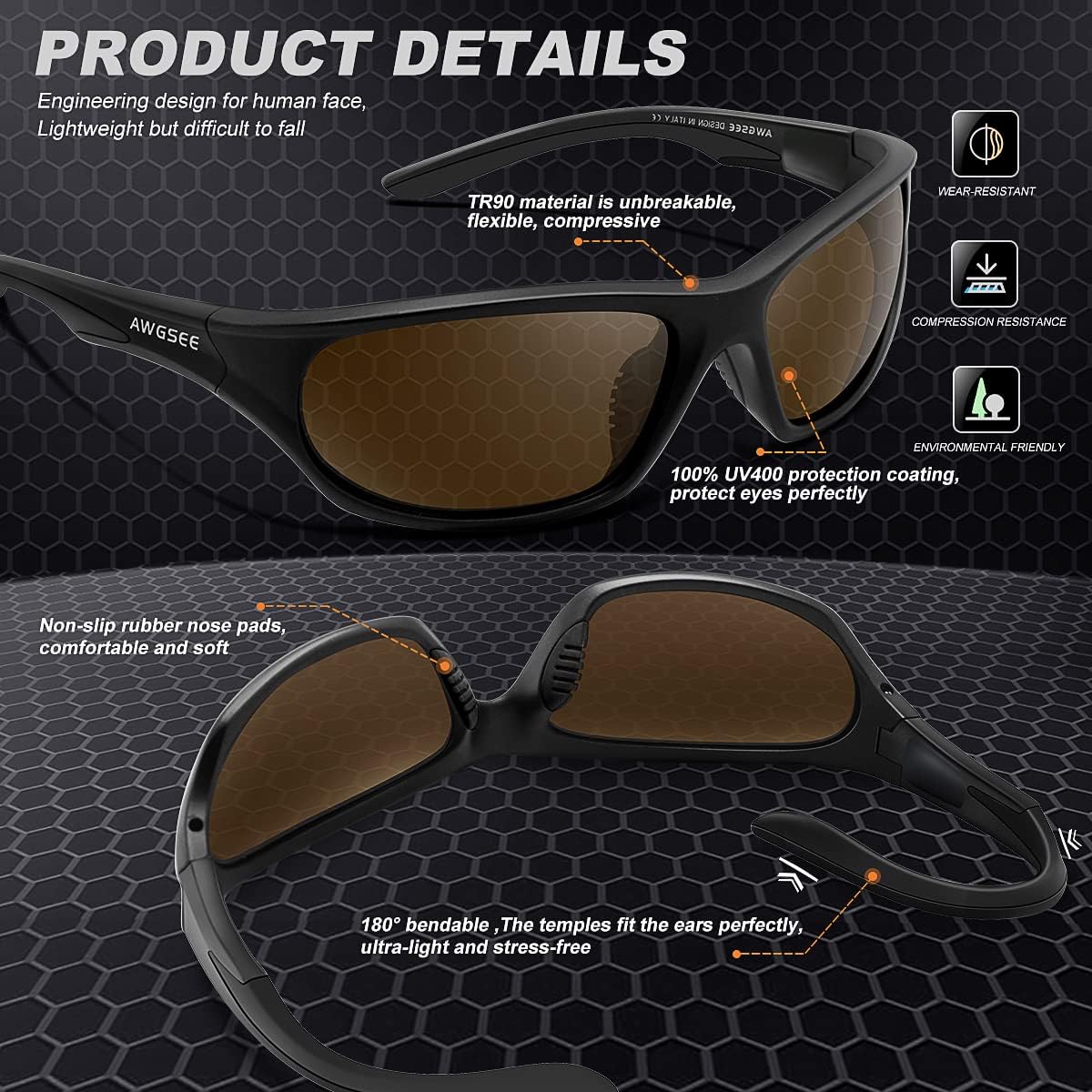 Polarized Sports Sunglasses for Men,TR90 Unbreakable Frame Sunglasses for Fishing Driving Cycling UV400 Protection