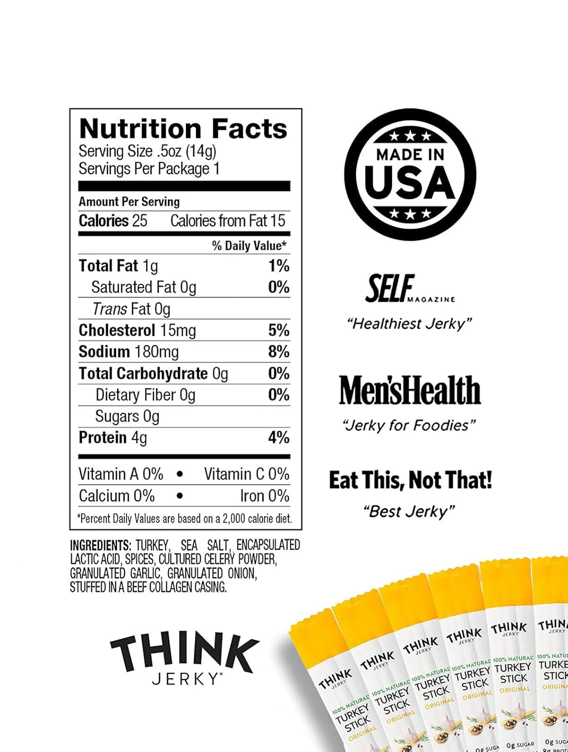 Think Jerky All-Natural Turkey Sticks, Gluten and Sugar Free, No Nitrates, Keto Paleo Friendly High Protein Low Carb Meat Snack - 0.5 oz Sticks, 20 Pack