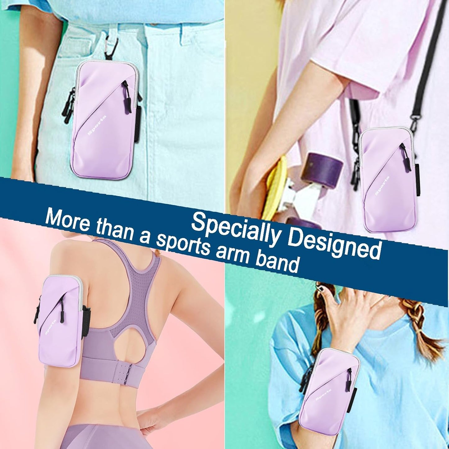 Phone Holder Arm Bands, Small Crossbody Shoulder Holsters Bag with Arm Band, Fits iPhone and All Cell Phones, Use for Running, Walking, Hiking & Biking (Plus Size Purple)