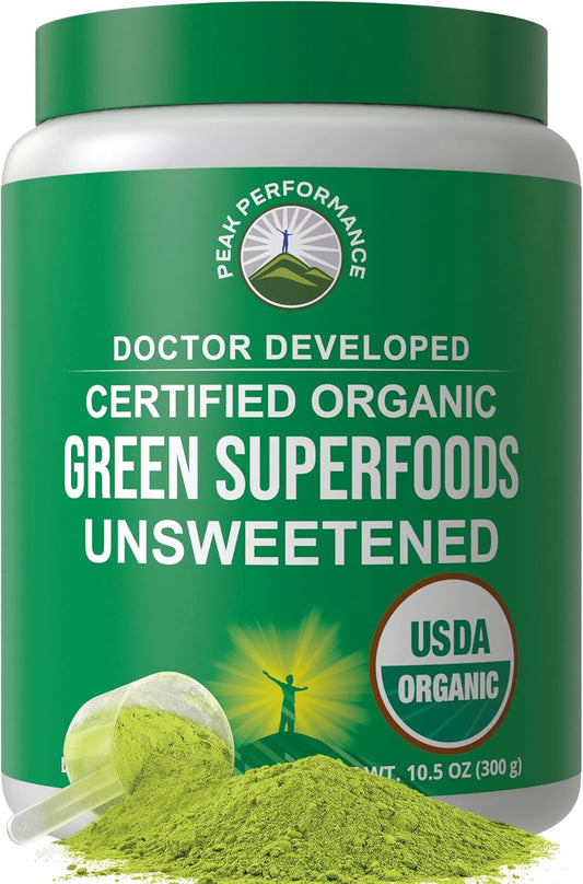 Peak Performance Unsweetened Organic Greens Superfood Powder. Super Greens Powder with 25+ Organic Ingredients for Max Energy and Athletic Performance. Vegan Keto Green Juice Daily Drink