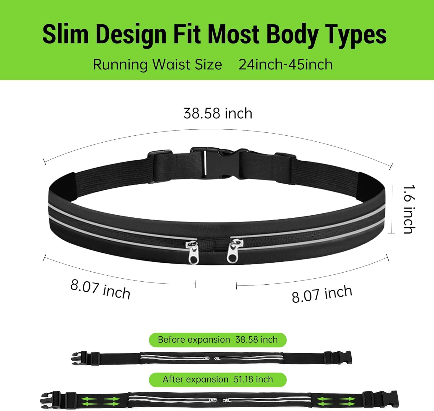 Slim Running Belts for Women Men - Running Phone Holder Fanny Pack for Key, Accessories Fits ALL Cell Phones, Black