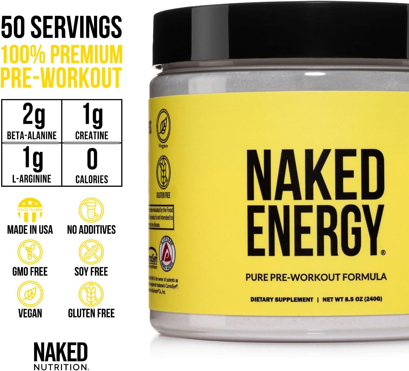 NAKED Energy - Pure Pre Workout Powder for Men and Women, Vegan, Unflavored, Healthy Pre Workout - No Added Sweeteners, Colors Or Flavors - 50 Servings