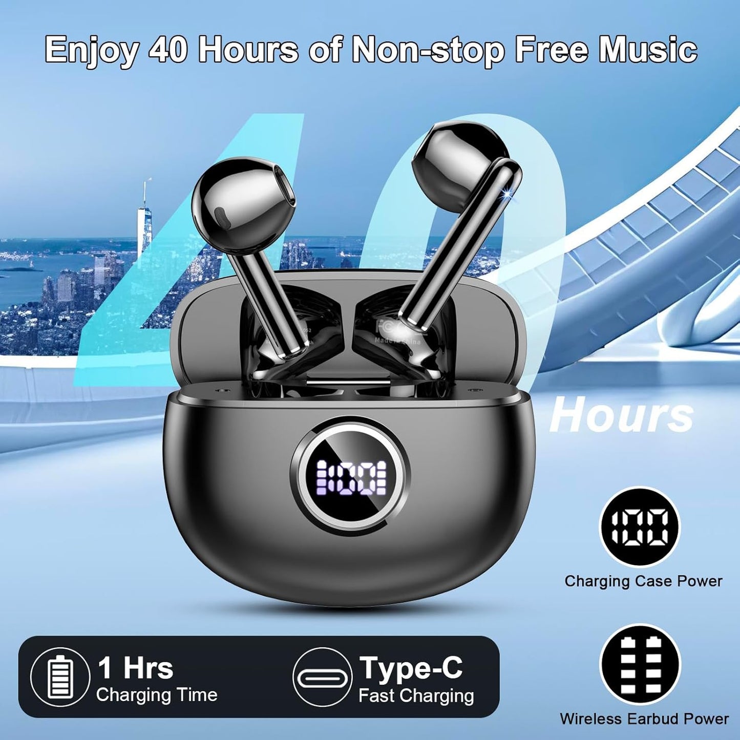 Wireless Earbuds, 2025 Bluetooth 5.3 Headphones HiFi Stereo Ear buds with ENC Noise Cancelling Mics, 40H Bluetooth Earbuds with Dual LED Display, IP7 Waterproof in Ear Earphones for Android iOS, Black