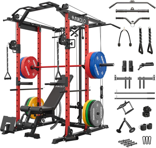 Mikolo Power Cage, Power Rack with Cable Crossover System, 1500LBS Squat Rack with LAT Pull Down System, Workout Cage with Pulley System for Fitness Home Gym