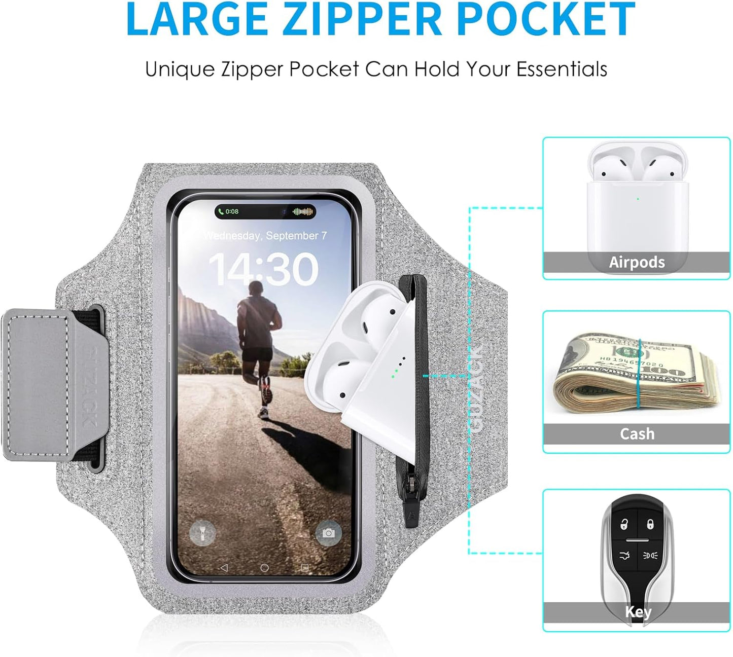 GUZACK Running Armband Case for iPhone 16/15/14/13/12/11 Pro Max, Galaxy S25/S24/S23/S22, Universal Cell Phone Arm Holder with Key Pocket & Card Slot, Gray