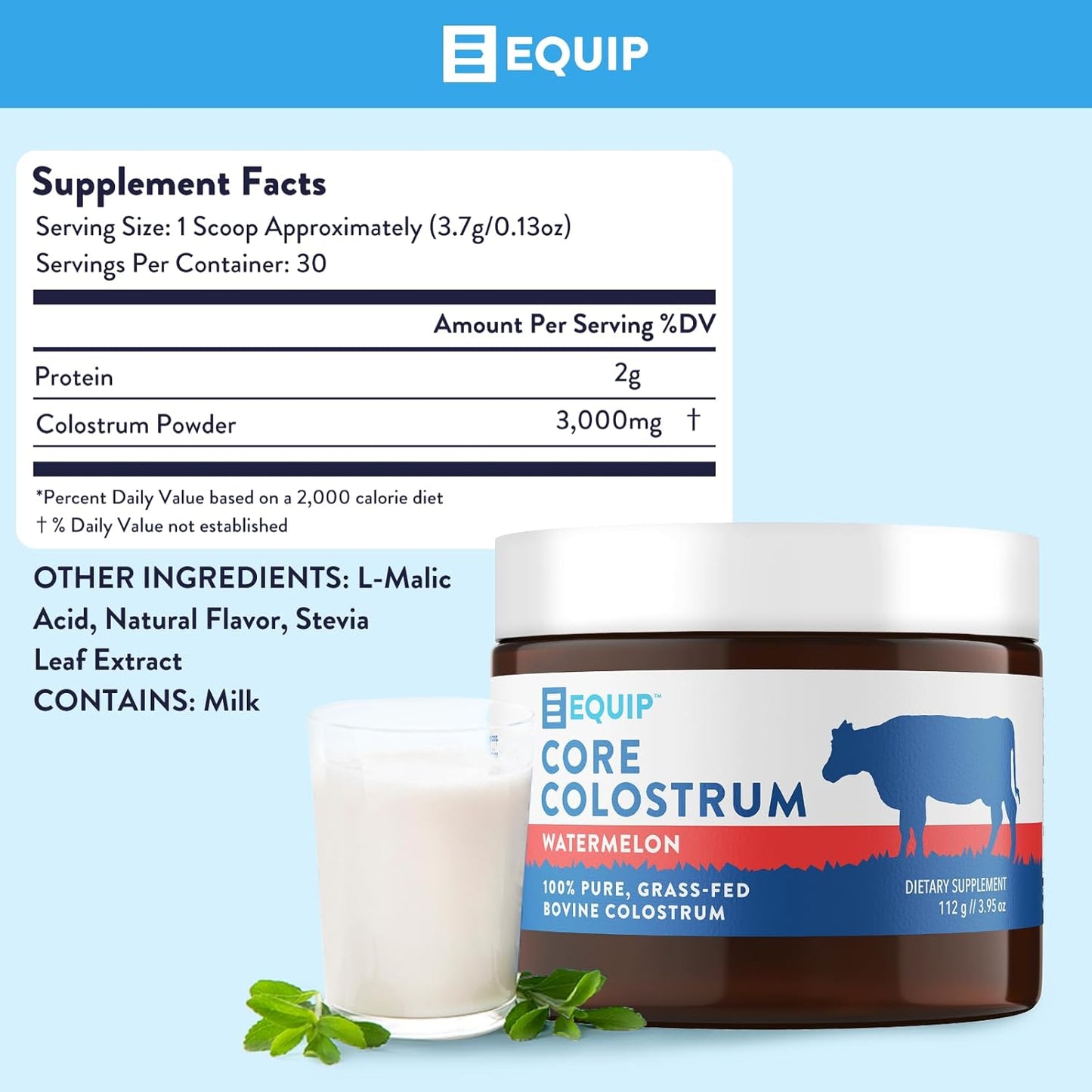 Equip Foods Core Bovine Colostrum Powder - 3,000mg Grass Fed Colostrum Supplement - Gut Health, Immunity, Recovery Lactoferrin Supplements - Keto Friendly Bovine Colostrum, 30 Servings, Watermelon