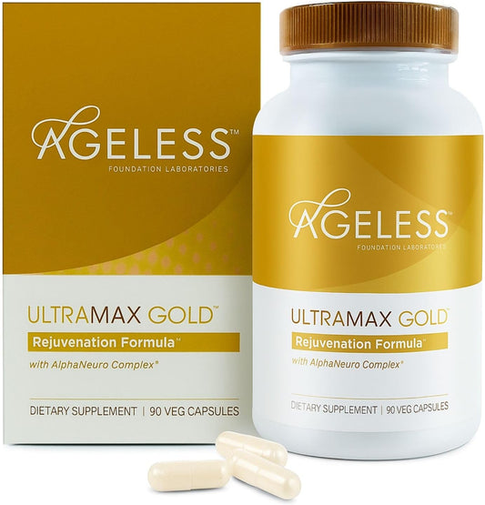 AGELESS™: UltraMAX Gold™ Capsules, HGH Anti-Aging Supplement for Women, Slows Cellular Aging, Supports Immune Health, Smoother Skin Tone and Restorative Sleep, Weight Management, 90 Capsules