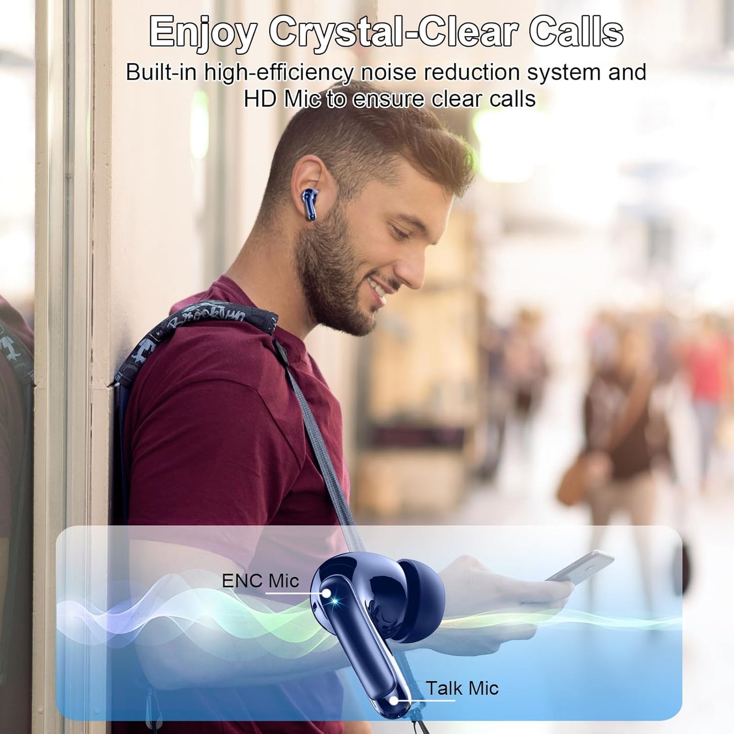 Wireless Earbuds, Bluetooth 5.4 Headphones, ENC Noise Cancelling Mic Ear buds with Stereo Bass, 48H Playtime Earphones , LED Display, IP7 Waterproof In Ear EarBuds for Phone Android iOS Sports, Blue