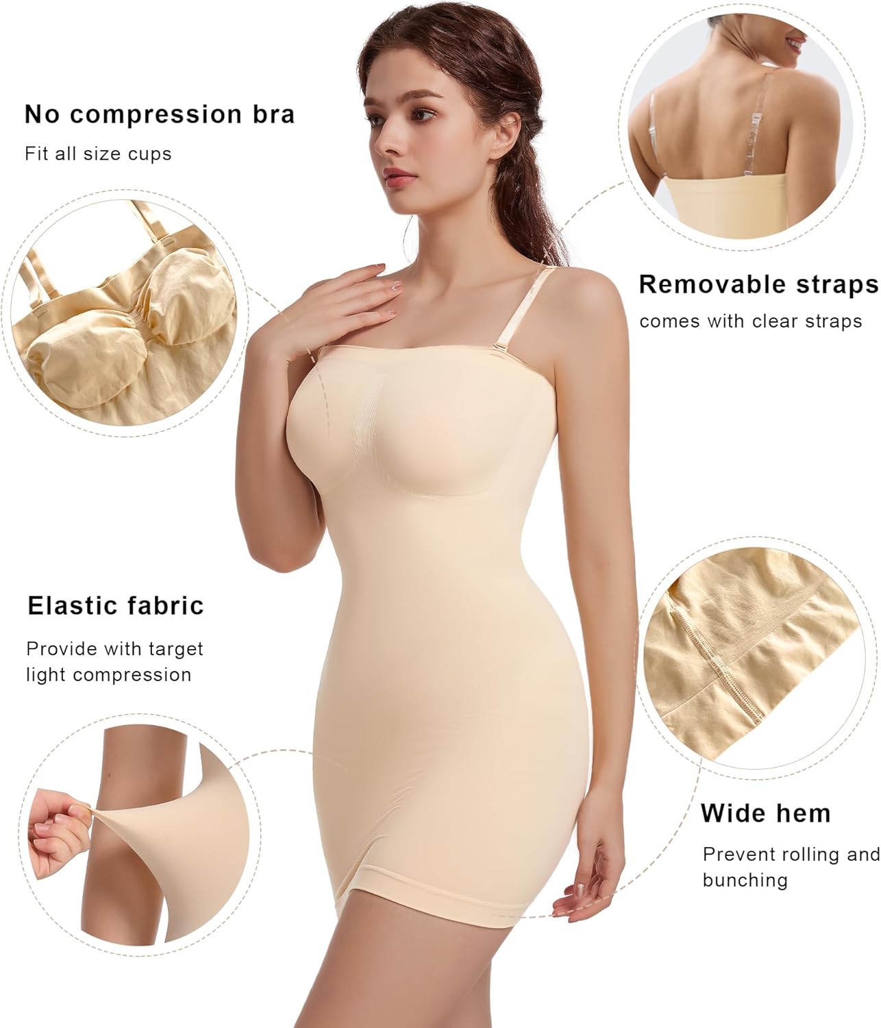 SHAPERX Strapless Shapewear Dress for Women Tummy Control Seamless Full Body Shaper Slip with Removable Straps