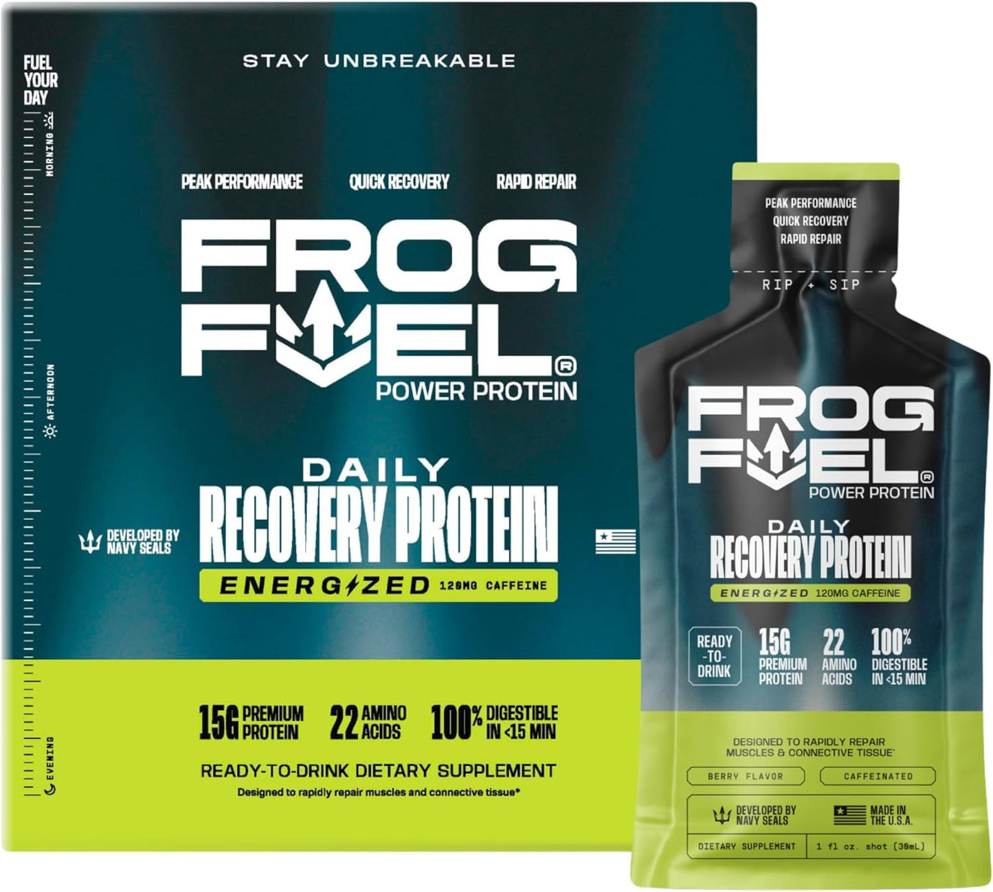 Frog Fuel Power Energized Protein Shot, 15g Protein Nano-Hydrolyzed Grass Fed Collagen, 120mg Caffeine, Fat & Sugar Free, 22 Amino Acids, 0 Carbs, Berry, 1 oz Packets, 24 Pack