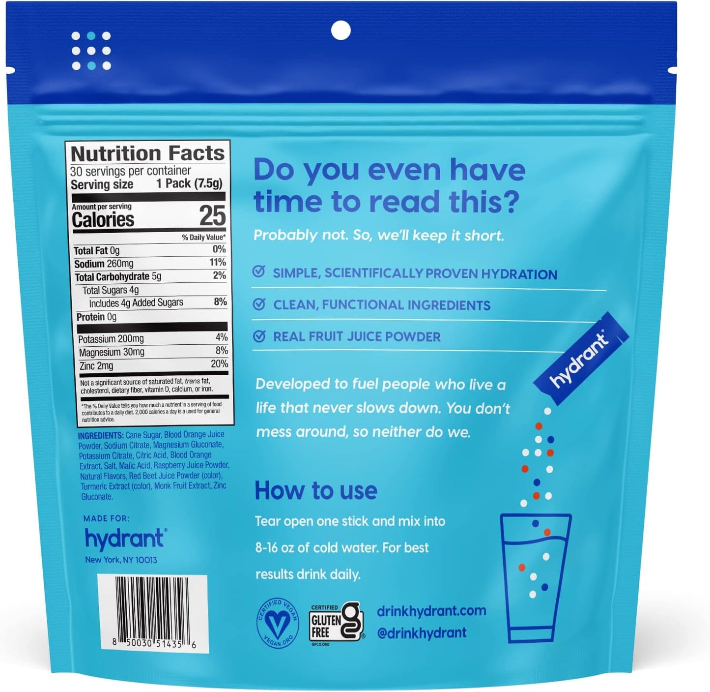 HYDRANT Hydrate, Individual Hydration Electrolyte Powder Stick Packets with No Artificial Sweeteners, Colors, or Fillers (Fruit Punch, 30 Pack)