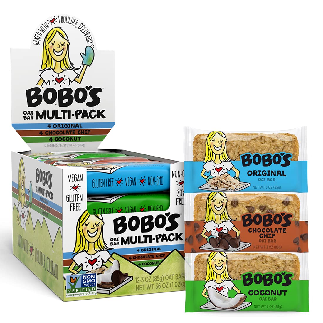 Bobo's Oat Bars, Variety Pack, 3 oz Bar (12 Pack), Gluten Free Whole Grain Snack and Breakfast Bar