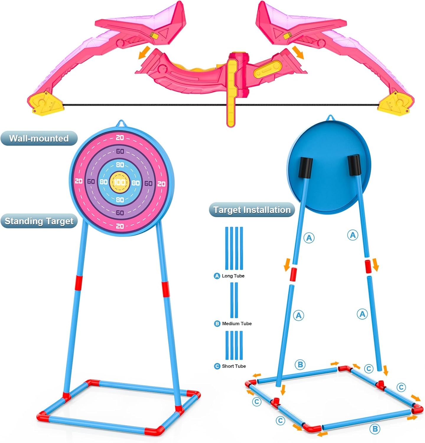 2 Pack Kids Bow and Arrow Set, Pink Light Up Archery Toy Set, 2 Foam Dart Blaster & 6 Target Cans Toys for Ages 5-7, Kids Indoor Outdoor Birthday Gifts Ideas for Boys Girls 4 5 6 7 8 9 10 Year Old