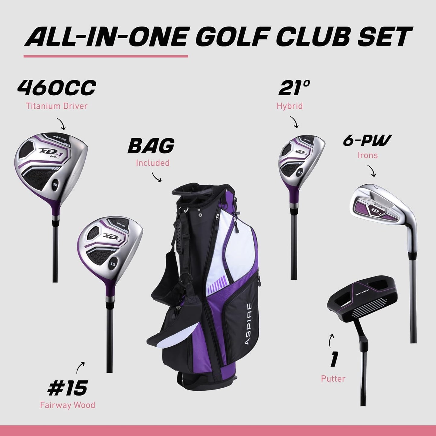 Aspire XD1 Womens Golf Clubs Full Set, Includes Driver, Fairway, Hybrid, 6-PW Irons, Putter, Stand Bag, 3 H/C's, Ultra-Light Graphite Shafts, Golf Clubs Women Right Handed, Comes in 3 Sizes, Purple