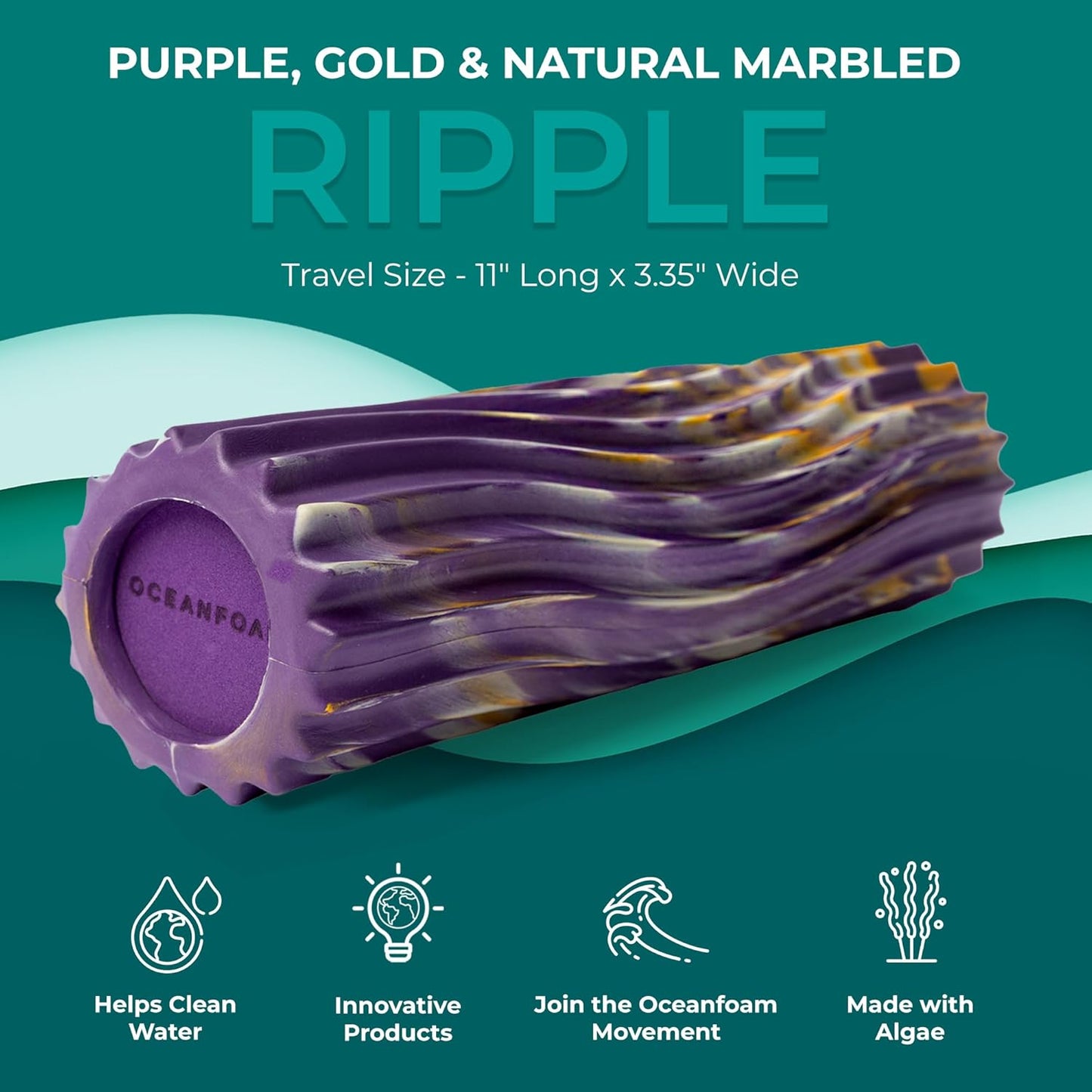 Oceanfoam Ripple Travel Foam Roller (11" x 3.35") Firm Mini Foam Roller for Physical Therapy, Deep Tissue Massage, Back Pain - High Density, Wave Textured - Yoga (Purple, Gold & Natural Marbled)