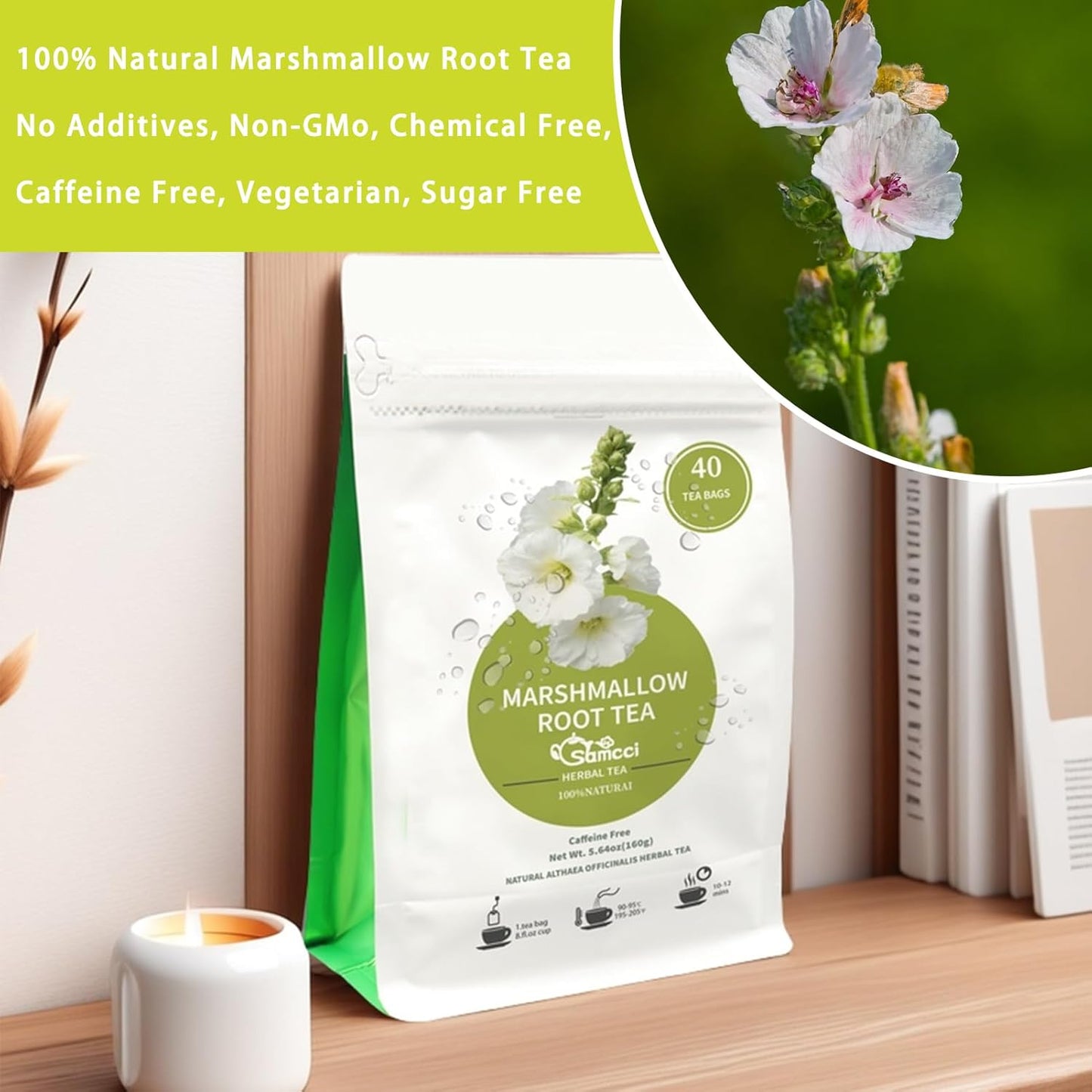 Samcci - Marshmallow Root Tea, 2g x 40 Tea Bags -100% Natural & Pure Dried Cut & Sifted Althaea Officinalis - No Sugar - No Caffeine - No Gluten - Vegan - Support Digestion & Respiratory