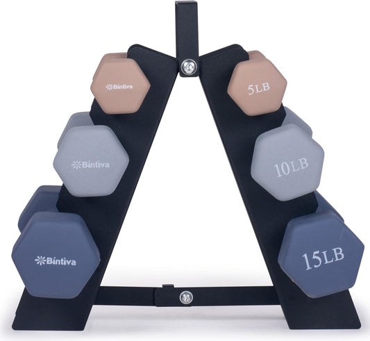Dumbbell Set with Rack - Neoprene Coated Weights with Stand - Hex Color Coded Dumbell Pairs 1-20 LBs