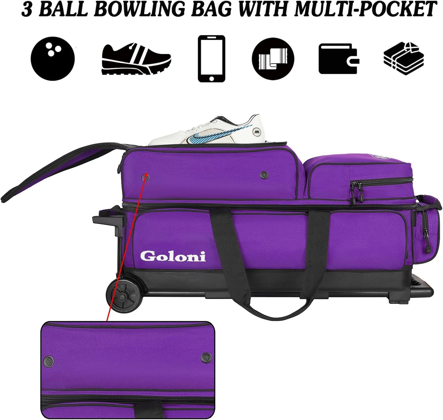 Goloni 3 Ball Bowling Bags with Wheels - Rolling Bowling Bag for 3 Balls & Accessories - Retractable Handle Extends to 38