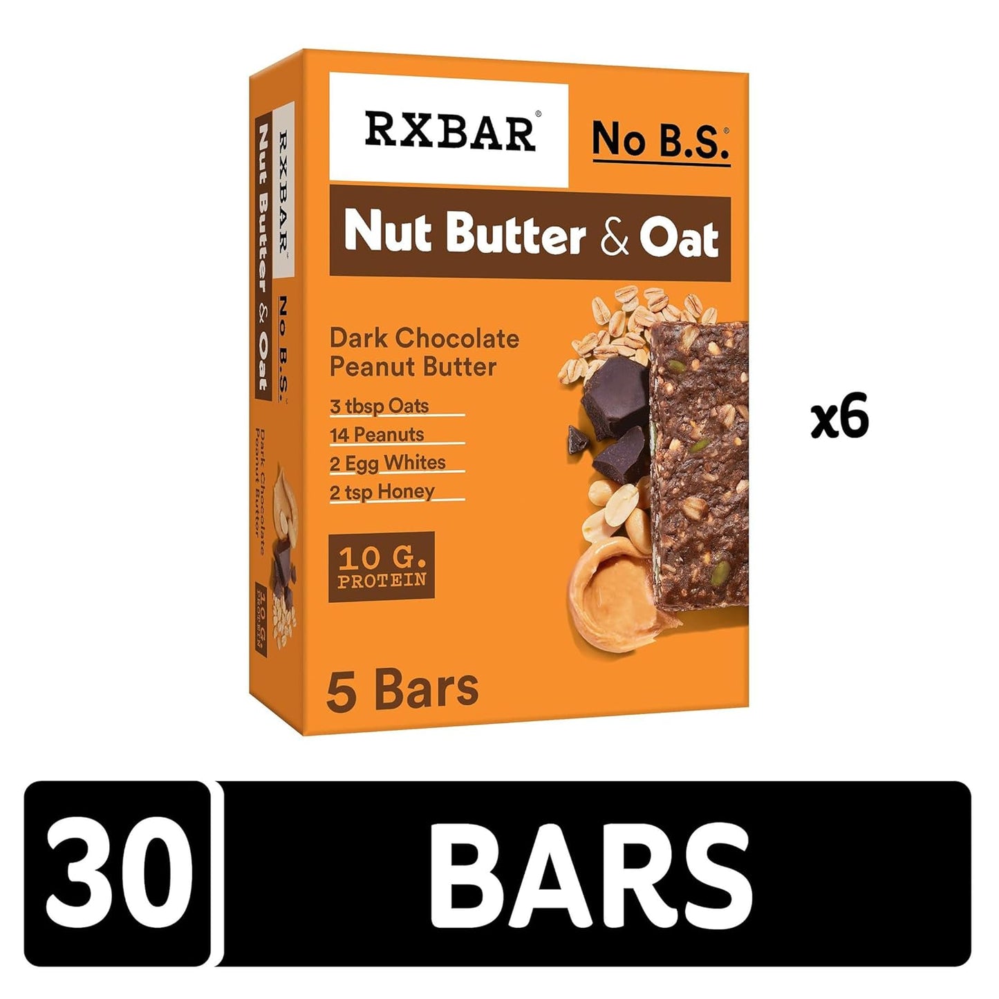 RXBAR Nut Butter and Oat Protein Bars, Protein Snacks, Snack Bars, Dark Chocolate Peanut Butter (6 Boxes, 30 Bars)