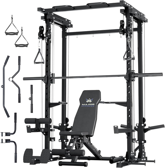 Major Fitness Drone3 Smith△ Machine – All-in-One Home Gym Squat Rack with Weight Bar, Cable Crossover Machine – Heavy-Duty Fitness Equipment for Strength Training and Full-Body Workouts