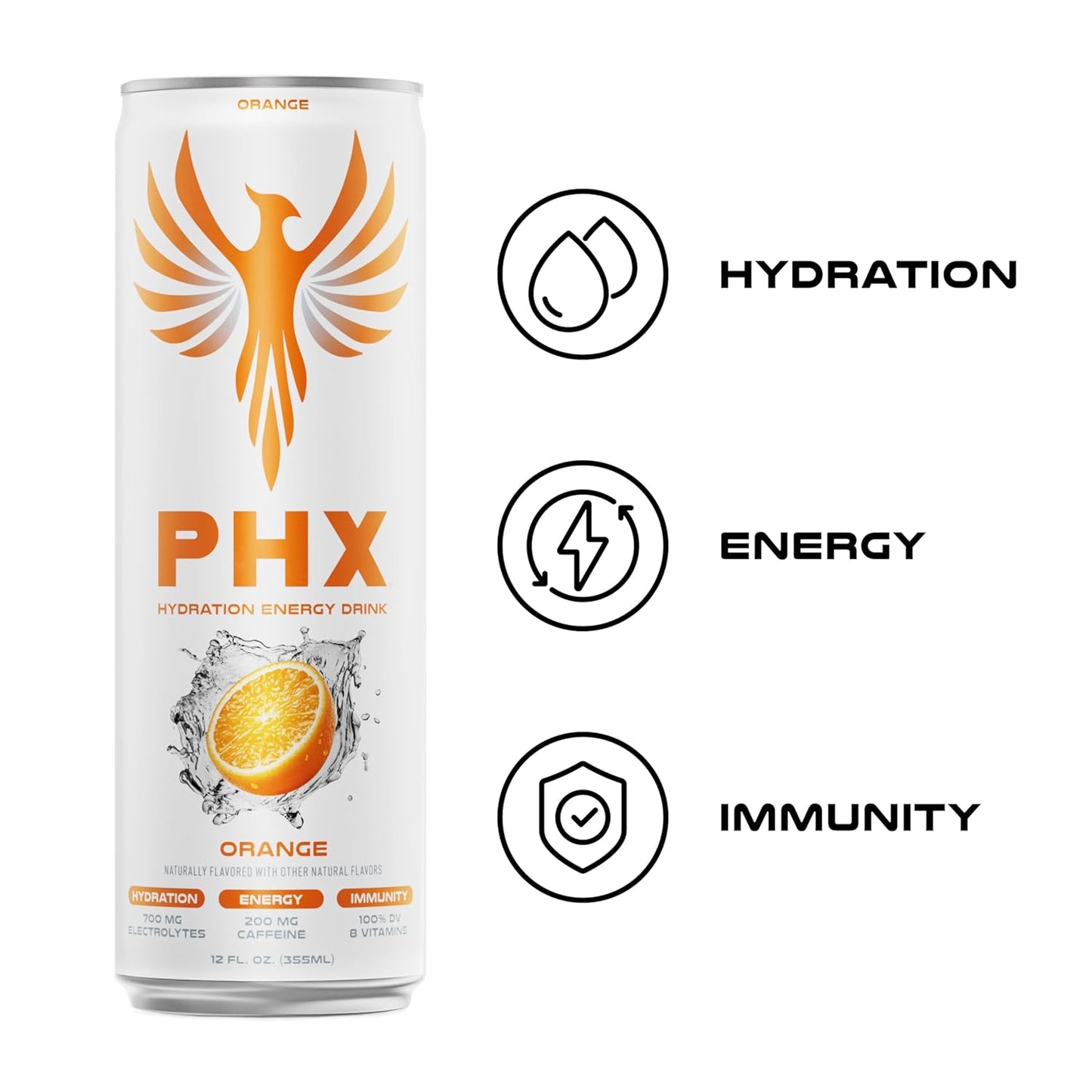 PHX Hydration Energy Drink - 700mg Electrolytes, 200mg Natural Green Tea Caffeine, 100% Daily Value 8 Essential Vitamins - 12 oz Cans (12 Pack) (12 Pack, Orange)