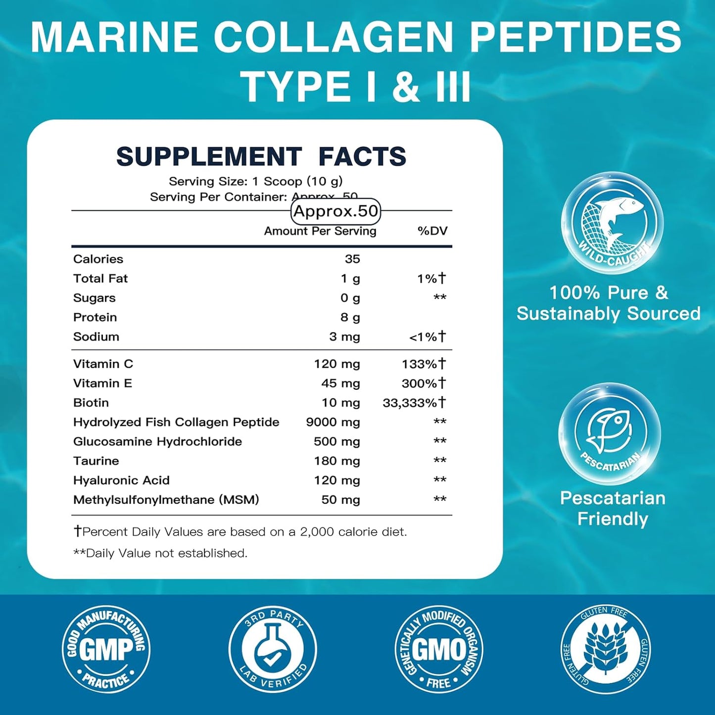 DRFOSTER Marine Collagen Peptides Powder with MSM + GC, Multi Type I & III Collagen with Hyaluronic Acid, Vitamin C & E for Skin, Hair & Nails, Wild-Caught Fish, 50 Servings