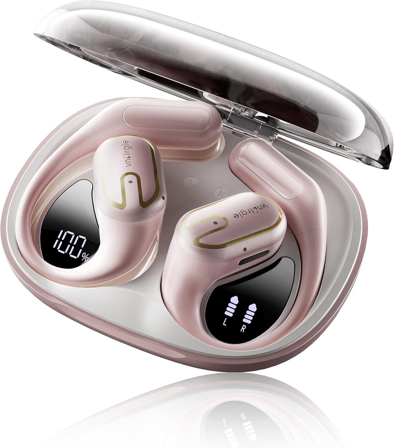 Open Ear Headphones 5.4 Bluetooth Sport Ear Buds with LED Digital Display IPX7 Waterproof, Wireless Earbuds Stereo Sound with 18.2mm Drivers (Pink)