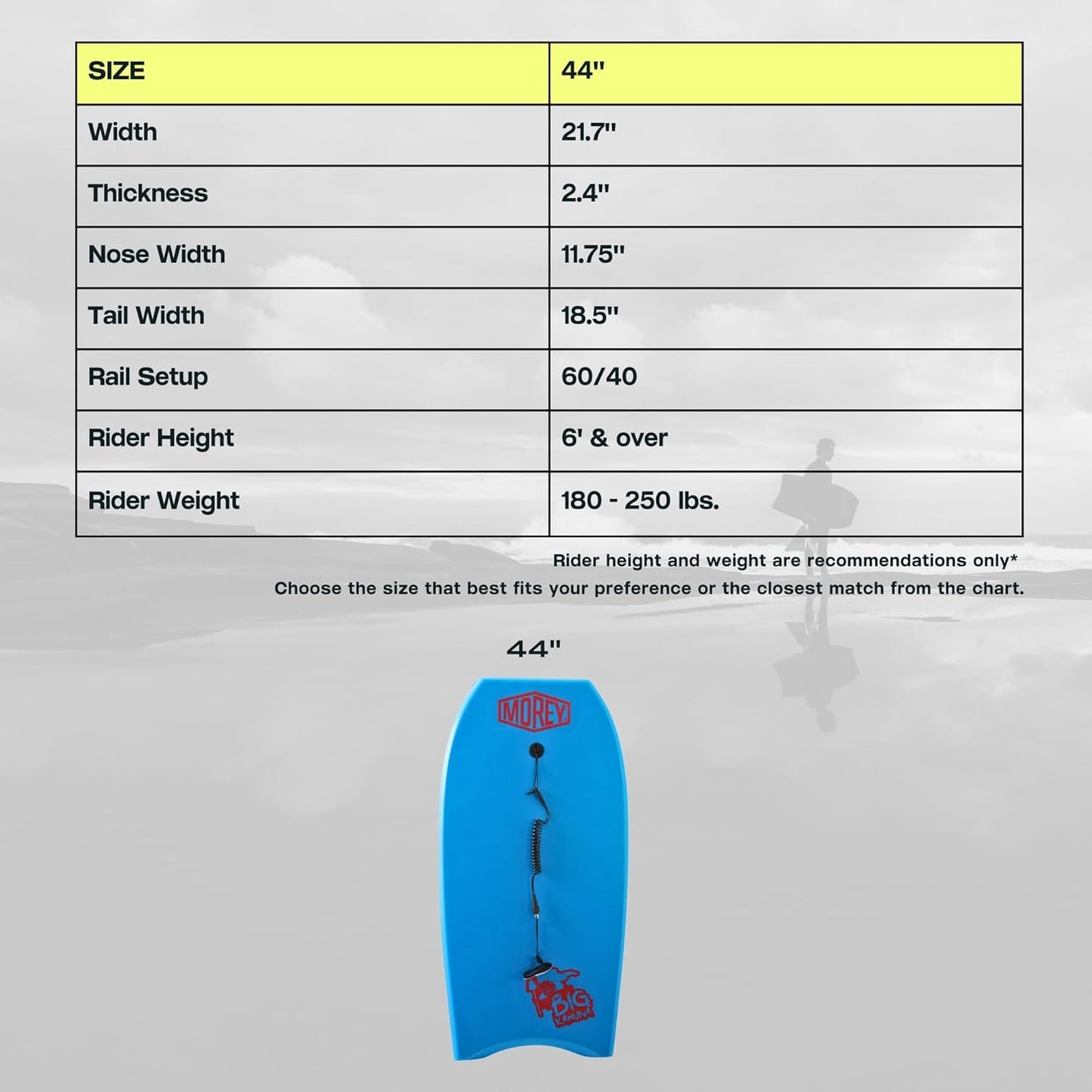 MOREY® Big Kahuna 44" The Original Bodyboard for Tall Riders. Body Board for Beach, Re-Engineered 2025 Model