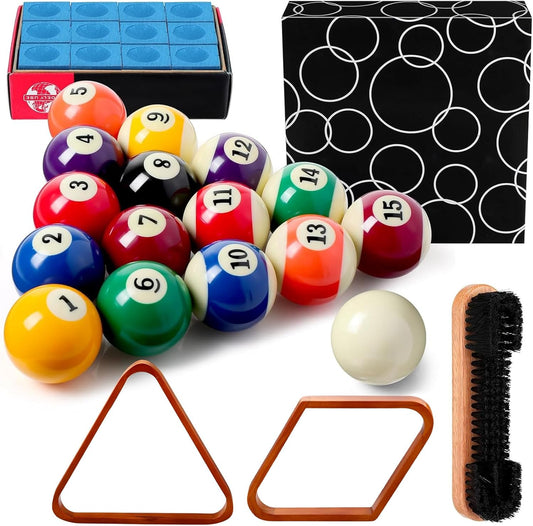 31 Pcs Billiard Accessory Kit Billiard Pool Table Balls with Triangle and Diamond Ball Holder Cue Chalks Pool Table Brush Set