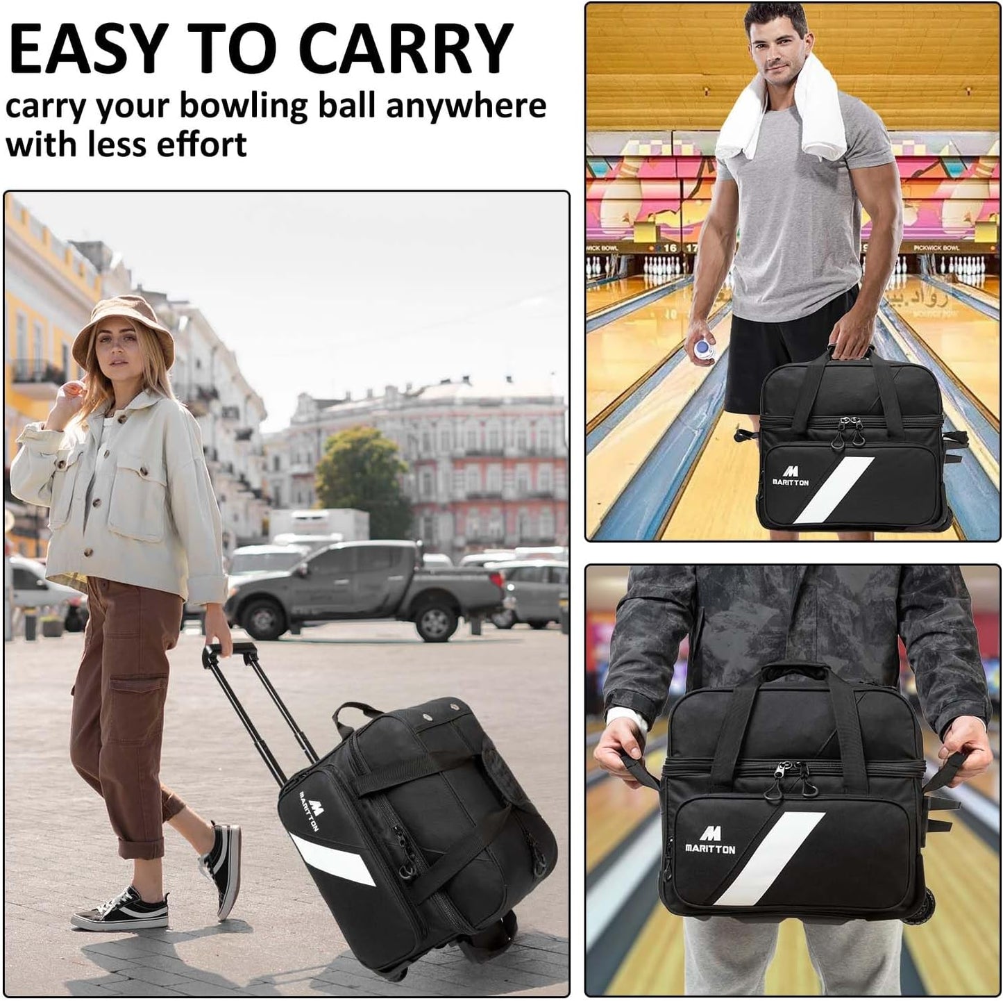 Bowling Bag with Wheels Double Roller 2 Ball Bowling Separate Shoe Compartment and Oversized Accessory Pocket, 36.6" Extendable Handle.