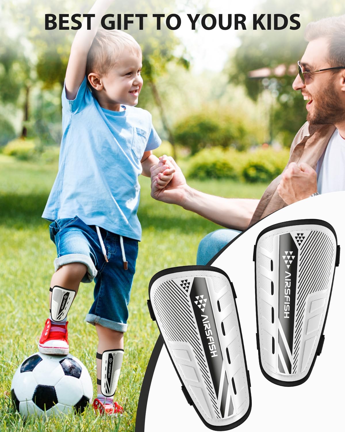 Shin Guards Soccer Kids Youth, CE Certified Airsfish Shin Guard Protection Gear for 2-18 Years Old Boys Girls Teenagers High Impact Resistant Breathable Comfortable 1 Pair 4 Sizes