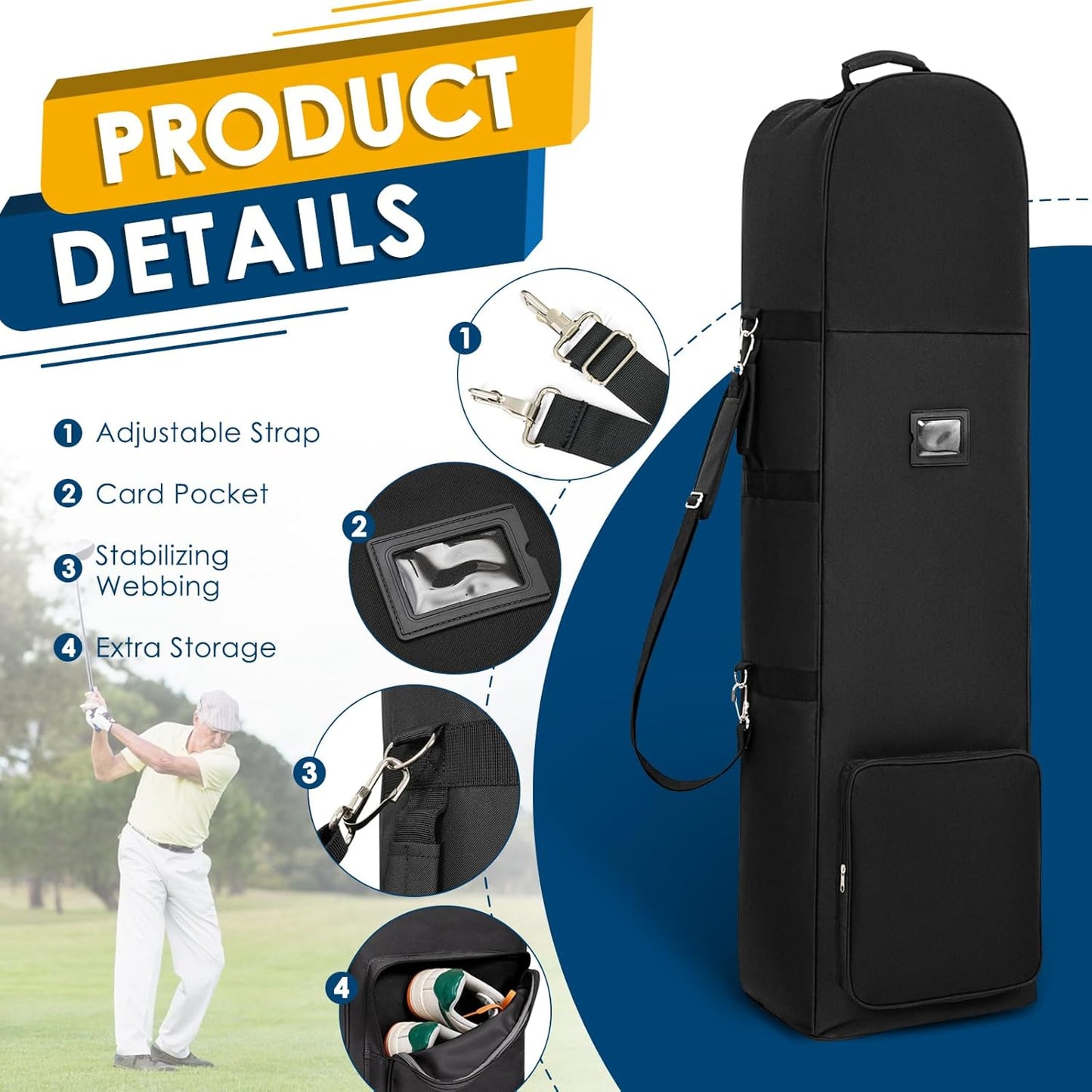 Golf Travel Bags for Airlines with Adjustable Support Rod and Detachable Shoulder Straps, Soft Foldable Golf Club Travel Covers, 900D Heavy Duty Oxford