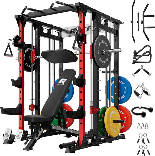 RitFit Buffalo Smith Machine, Power cage with LAT-Pull Down System & Cable Crossover System, All-in-One Squat Rack for Home Gym, Power Rack