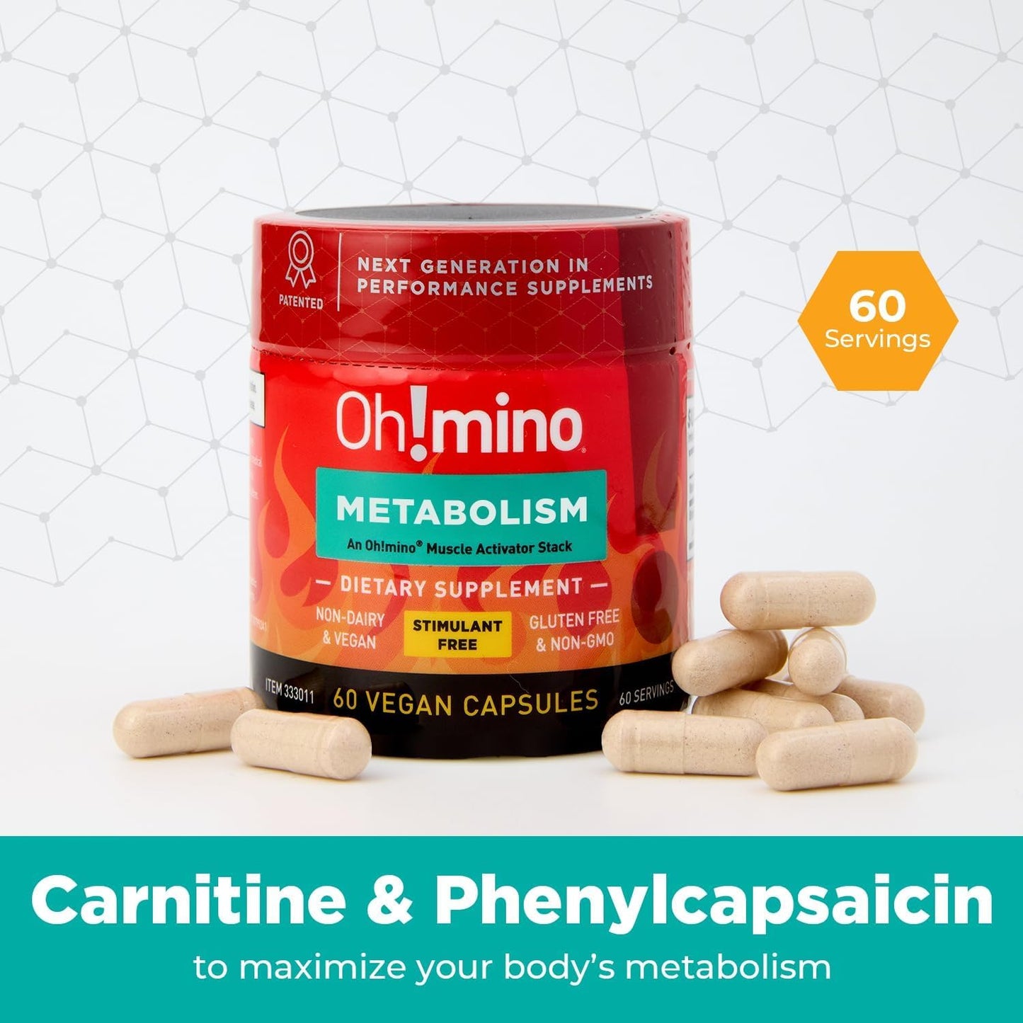 Oh!mino Metabolism Support Supplement for Efficient Fat to Energy Conversion w/L-Carnitine, Phenylcapsaicin, & Vitamin B3 - Non-Jitters, Stimulant-Free, Vegan, Non-Dairy Capsules (60 Servings)