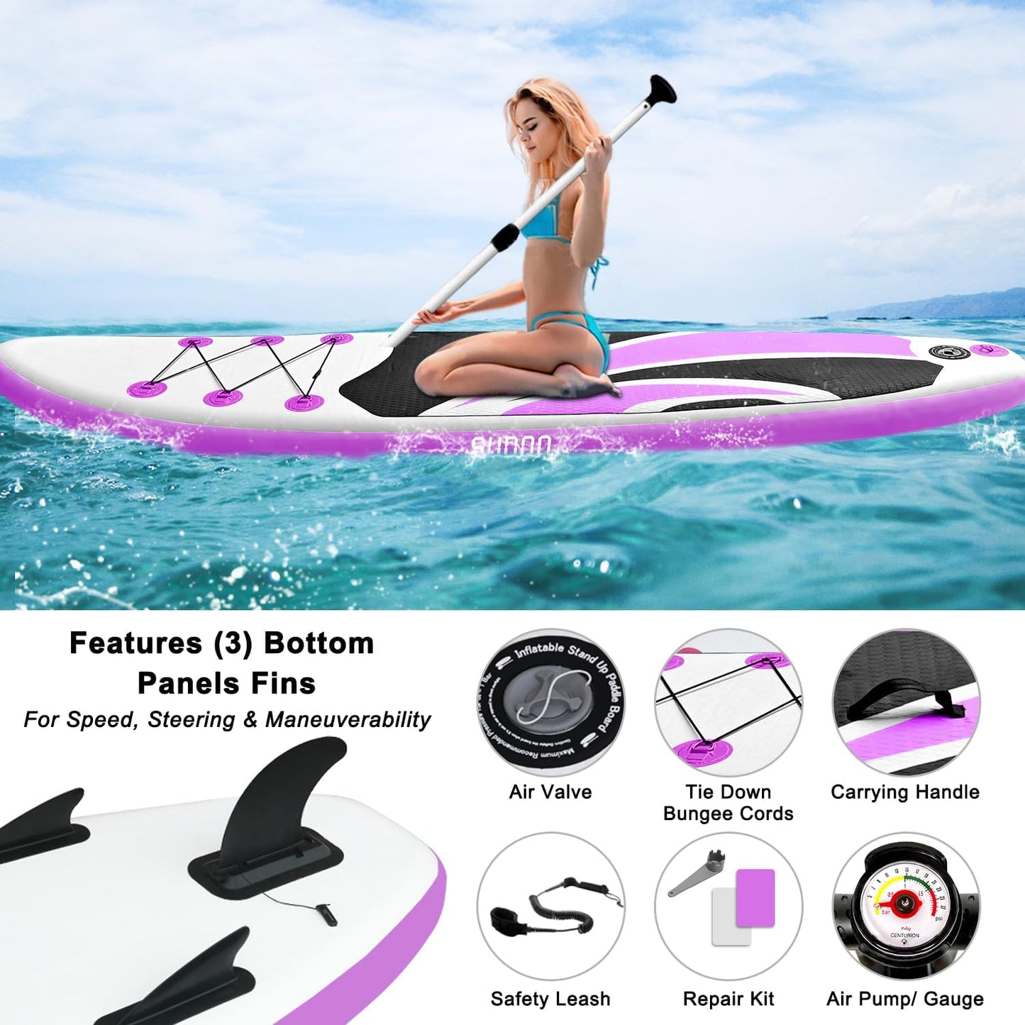 Inflatable Stand Up Paddle Board 10‘x30‘‘- Ultra-Light SUP with Backpack, Pump, Paddle, Coil Leash, 3 Fins, Repair Kit, Stable Design, Non-Slip EVA Deck for Adults & Youth