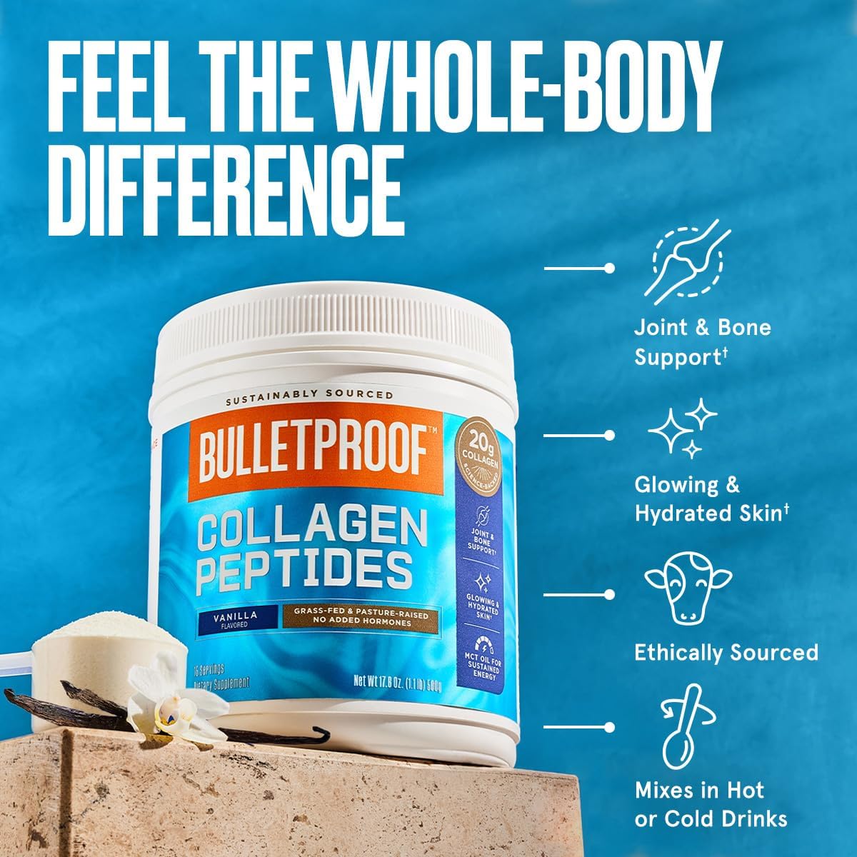 Bulletproof Vanilla Collagen Peptides Powder with MCT Oil, 17.6 Ounces, Grass-Fed Collagen Protein for Skin, Bones and Joints