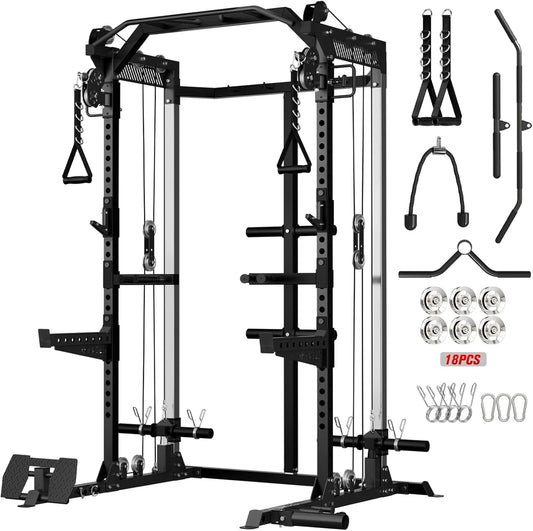 Mikolo Power Cage, 2000LB Power Rack with Independent Dual Pulley System, Multi-Function Home Gym Workout Machine for Cable Crossover