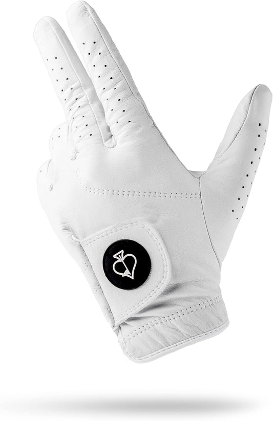 Pins & Aces - Ghost White Golf Glove Design - Premium AAA Cabretta Leather, Long-Lasting Durable Tour Glove for Men or Women - Premium Leather Golf Glove Left & Right Hand