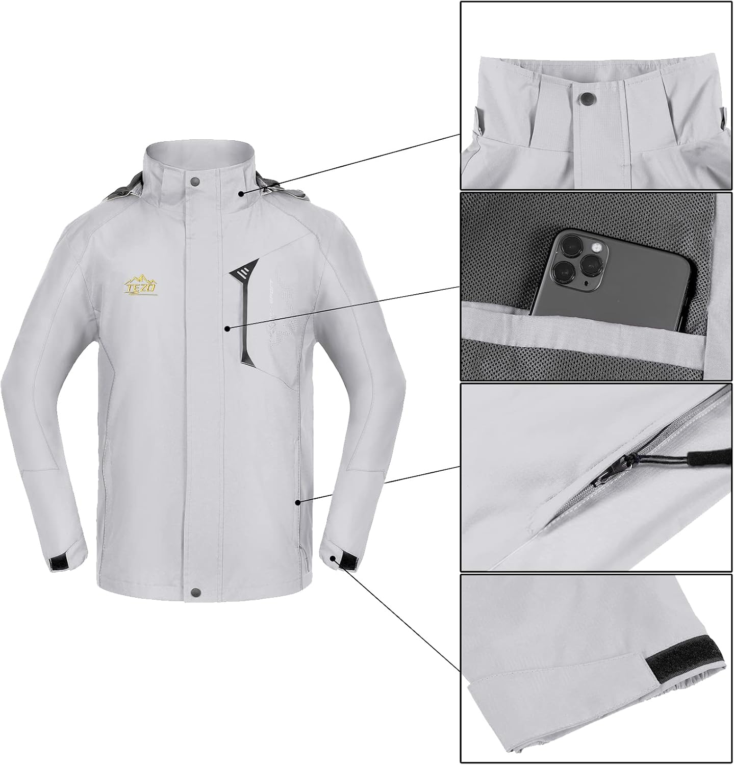 TEZO Mens Rain Jacket Waterproof with Hooded Hiking Coat Lightweight Windbreaker