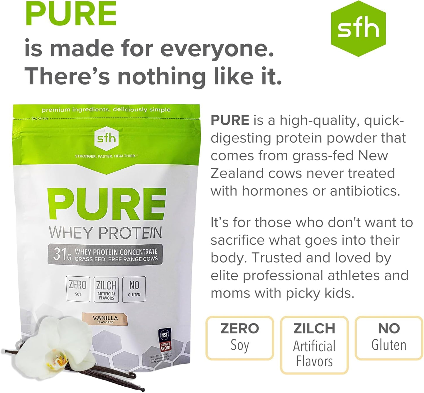 SFH Pure Whey Protein Powder (Vanilla) Best Tastin Grass Fed Whey | All Natural | Non-GMO, No Artificials, Soy Free, Gluten Free | (Vanilla, 31.9 Ounce (Pack of 1)