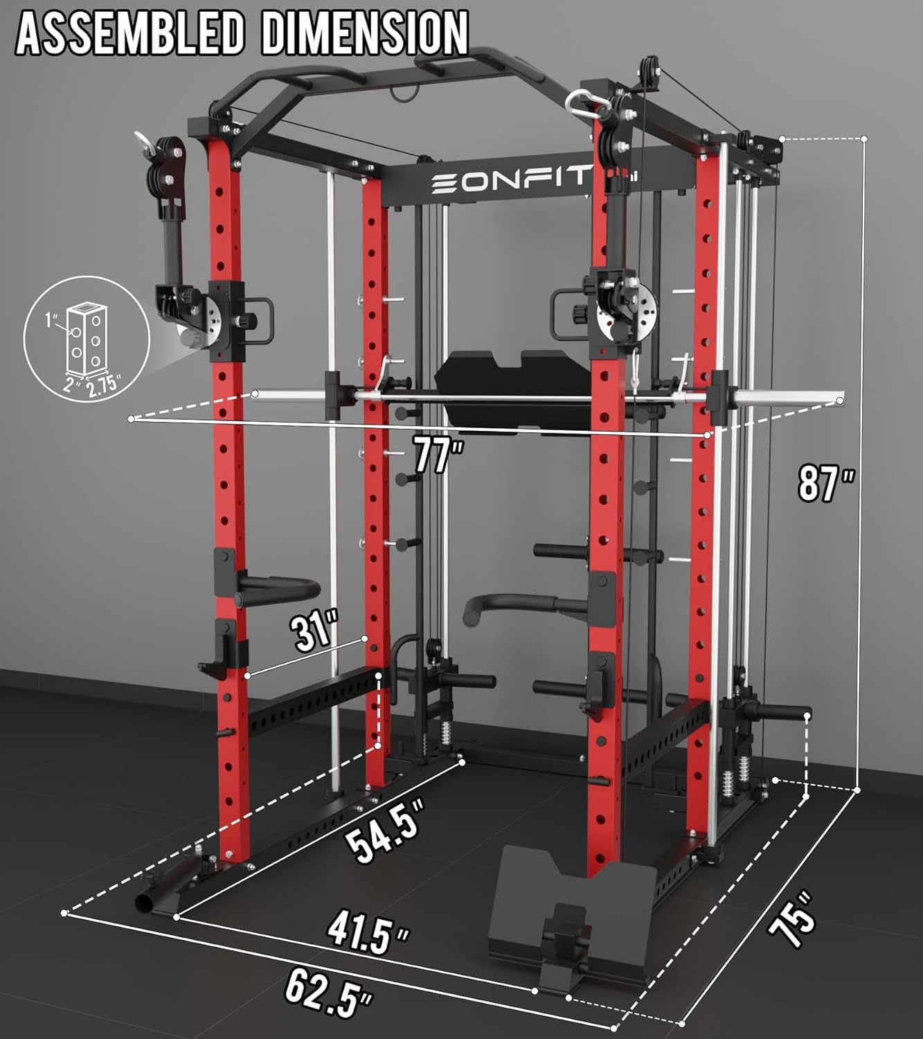 Eonfit E5 Smith Machine with Vertical Leg Press, Power Cage Squat Rack with LAT-Pull Down Cable Crossover Rotating Arms System Home Gym Equipment All in One (E5 RED)