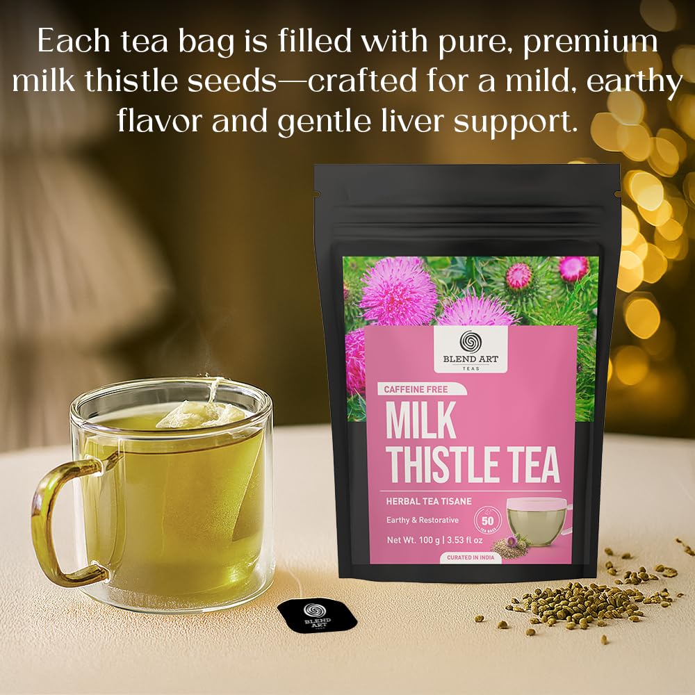 BlendArt Teas - Milk Thistle Seeds Herbal Tea - 50 Count - Pyramid Tea Bag | For Liver Detox support | Reduce inflammation | Refreshing Peppermint with lemon flavour - Caffeine Free | Ziplock Pouch