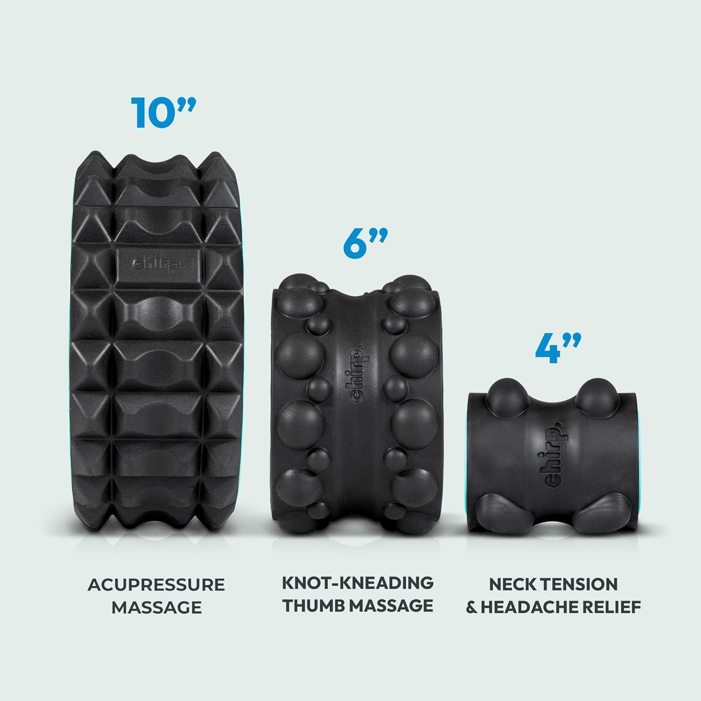 Chirp Wheel XR 3P Massage Roller Set - 10” Acupressure, 6” Knot-Kneading Thumb, 4” Neck & Headache Tension Relief, High Density Foam Massage Rollers for Back & Neck Pain, 500lbs Capacity, Black