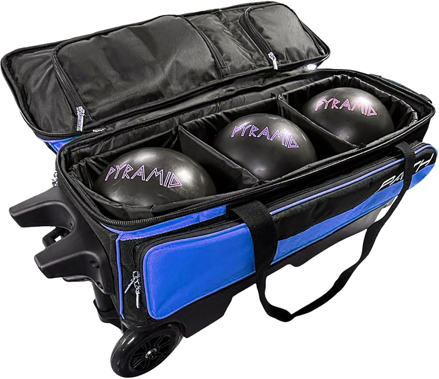 Pyramid Path Triple Premium Deluxe Roller Bowling Bag With Extra Large Separate Shoe Compartment (Up To US Mens Size 16) and 5 Accessory Pockets, 5" Wheels, Retractable Locking Handle - Extends to 42"
