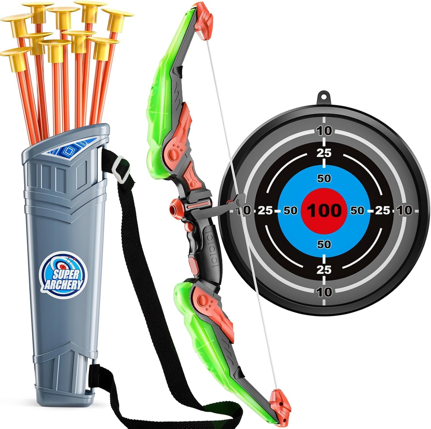 TEMI Bow and Arrow Set for Kids - Archery Toy Set - LED Light Up with Suction Cup Arrows, Target & Quiver, Indoor and Outdoor Toys for Children Boys Girls