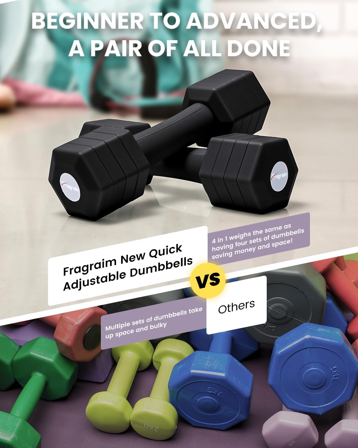 Adjustable Dumbbells Set, 4 in 1 Hand Weights Set for Women Men 10 LB/ 12 LB Dumbbell Pair Each 2lbs 3lbs 4lbs 5lbs Weights Dumbbells Set with TPU Soft Rubber Handle for Home Gym Exercise Fitness