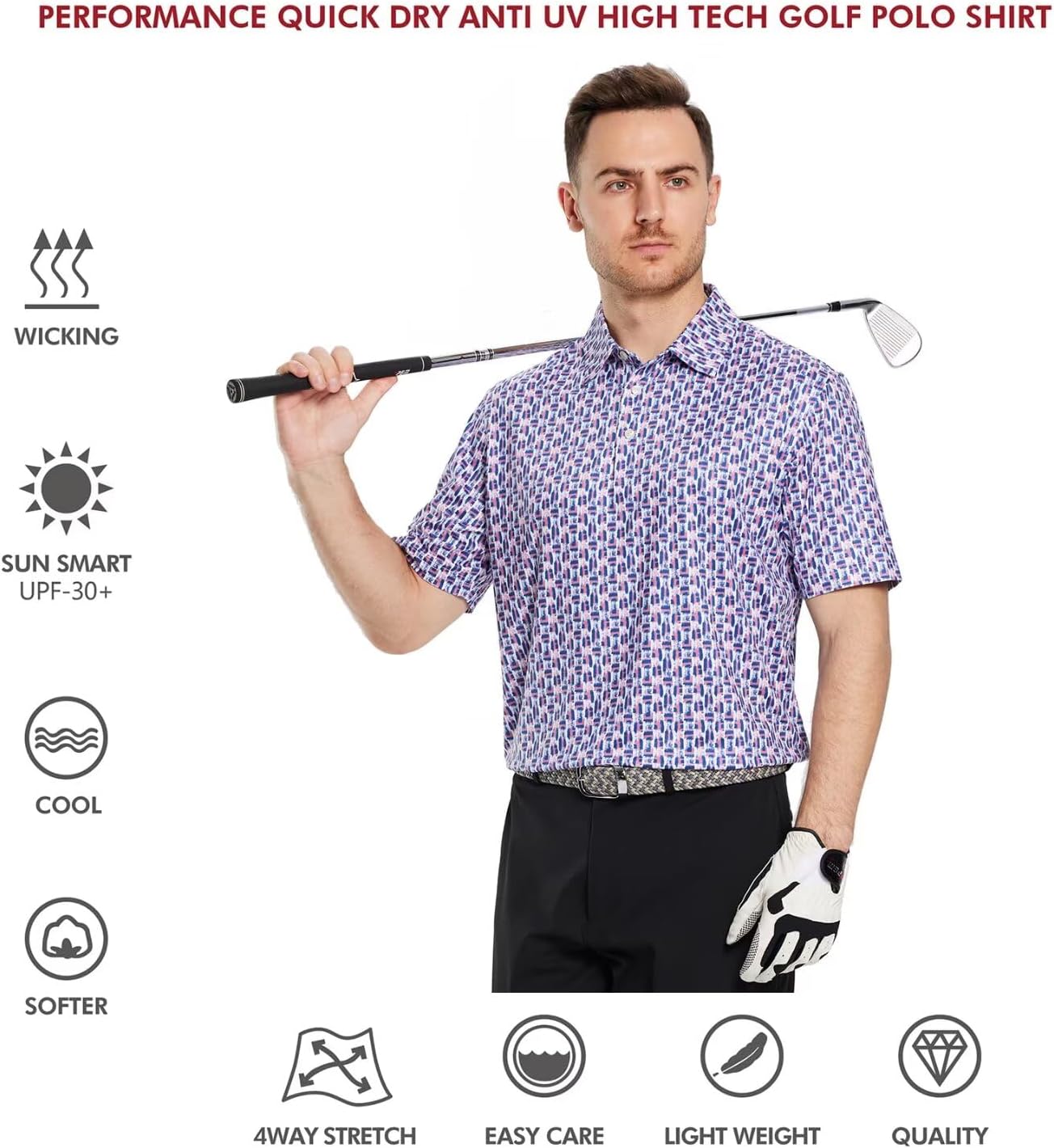 Men's Golf Polo Shirts Short Sleeve Striped Performance Moisture Wicking Dry Fit Golf Shirts for Men